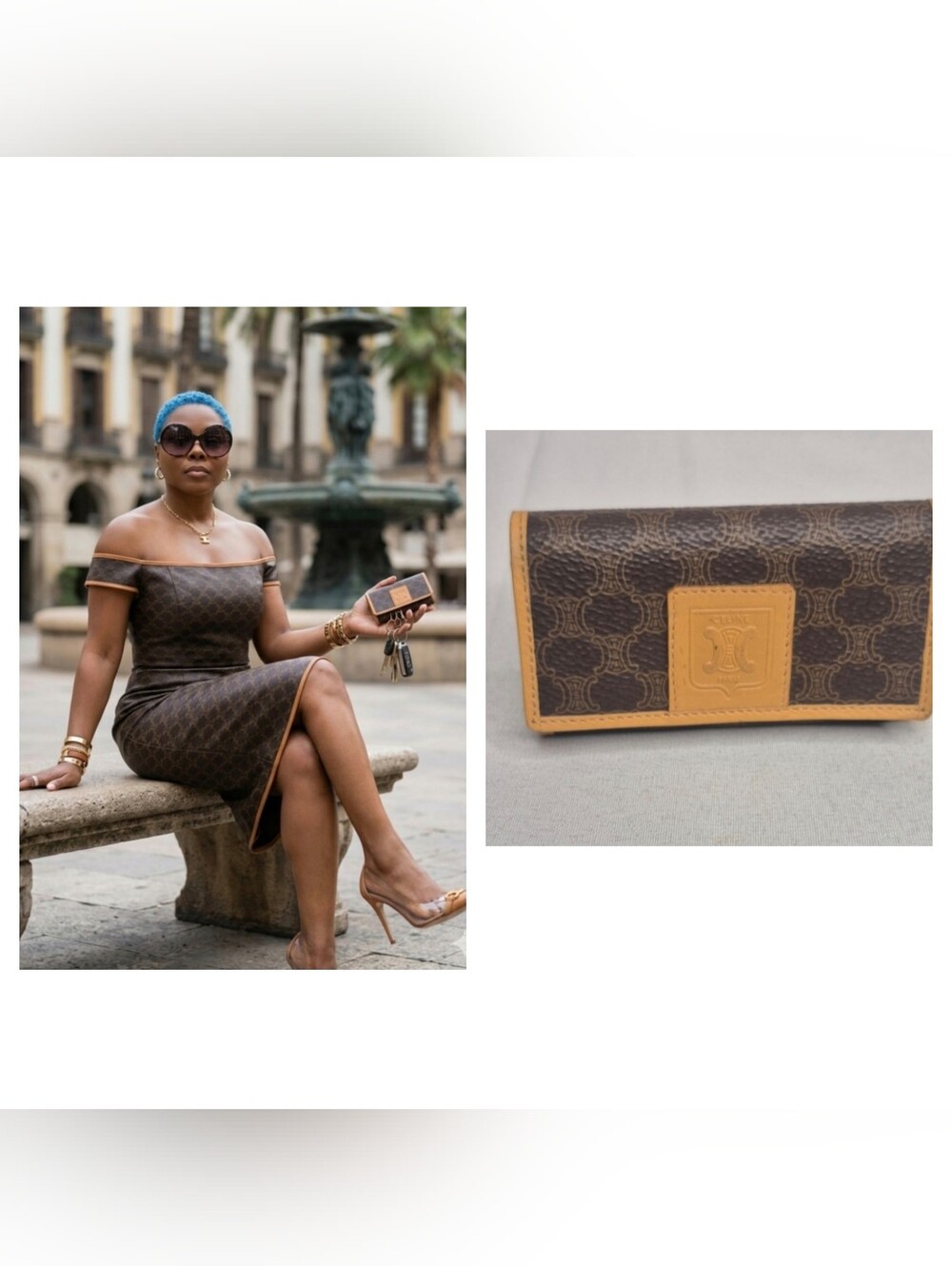 Celine Brown Canvas Trifold Key Holder with Tan Trim
